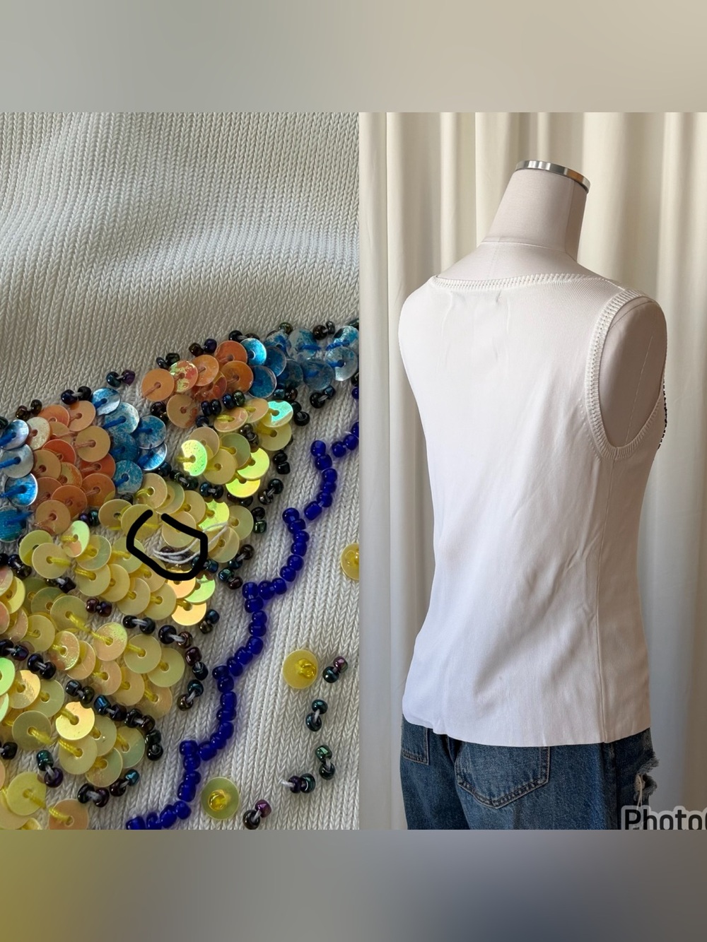 Vintage Y2K Lucia Burns Beaded Butterfly Sequin Tank Top White Ribbed Large. - Picture 11 of 12